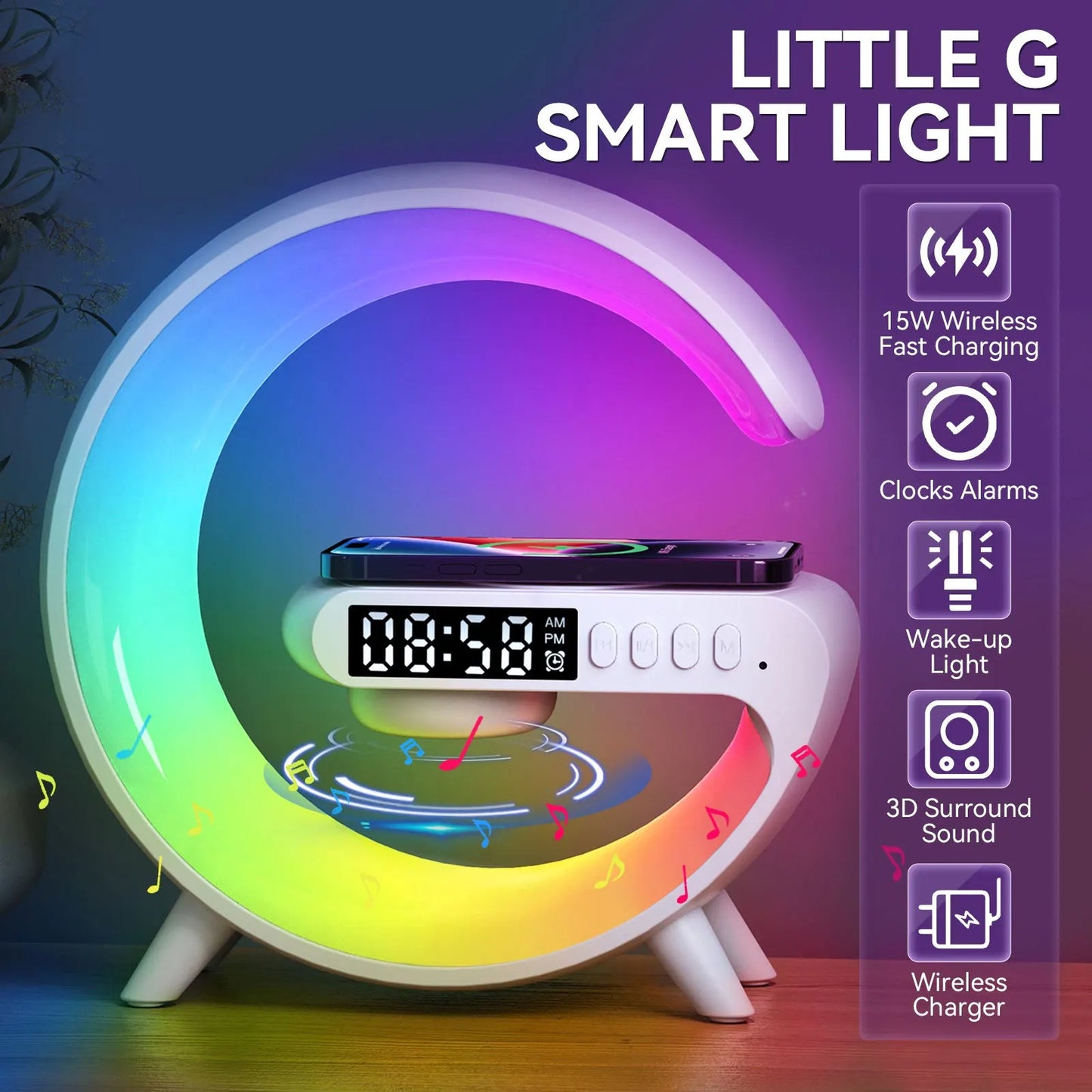 All-in-One Wireless Charging Station – 15W Fast Charger, Speaker, RGB Night Light & More!"